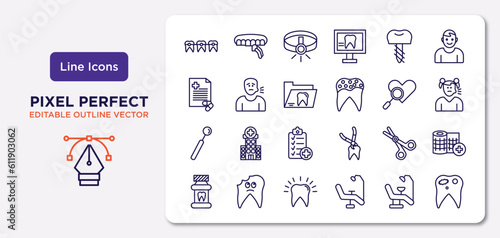 dentist outline icons set. thin line icons such as dental brackets, dental prosthesis, dental folder, dentist mirror, dentist scissors, chair, decay vector.