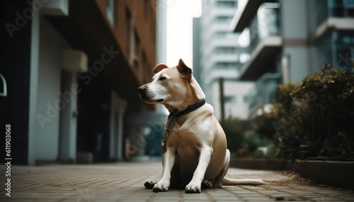 Lonely stray dog ​on balcony ​looks outside of street as he is far from his owner who has to work outside. Pets and animal concept. Generative AI