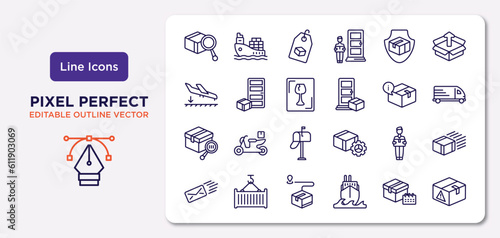 delivery and logistic outline icons set. thin line icons such as inspection, delivery shield, fragile, tracking, delivery man, destination, scheduled, warning vector.