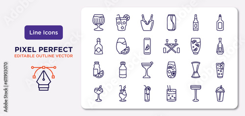 drinks outline icons set. thin line icons such as brandy glass, alcohol, soda can, juice bottle, jigger, blue lagoon, irish sour, coffee bean vector.