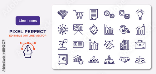 digital economy outline icons set. thin line icons such as wireless, social media, insurance, sprout, buildings, hierarchical structure, deal, population vector.