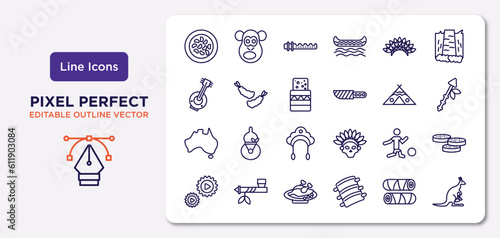 culture outline icons set. thin line icons such as fabada, indian headdress, turron, australian continent, brazil soccer player, beijing roast duck, egg roll, australian kangaroo vector.