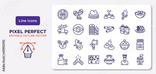 culture outline icons set. thin line icons such as imperial carp, coffee grains, bo kaap, australian koala, sleigh bell, australian flag, nefertiti, cake with a flag vector.