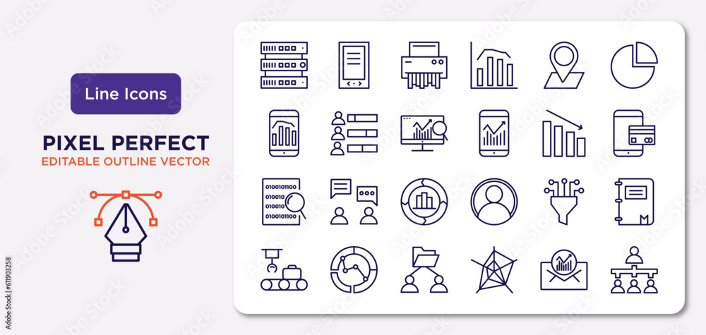 business and analytics outline icons set. thin line icons such as database interconnected, 3d location graph, database analysing, binary data search, funneling data, users interconnected, email business and analytics outline icons set. thin line icons such as database interconnected, 3d location graph, database analysing, binary data search, funneling data, users interconnected, email