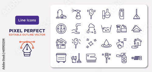 cleaning outline icons set. thin line icons such as hoover, shampoo, states of matter, cleaning house, neat, scrub brush, sanitize, suspension vector.