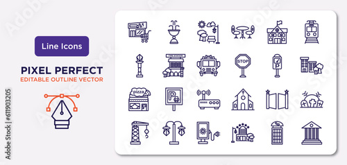 city elements outline icons set. thin line icons such as supermarket, city hall, fire truck, pizzeria, gate, lightbox, phone booth, government buildings vector.