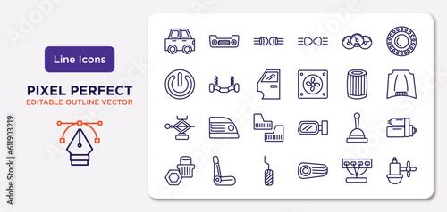 car parts outline icons set. thin line icons such as car hard top, car dashboard, door, jack, handbrake, pedal, manifold, sump vector.