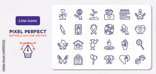 charity outline icons set. thin line icons such as plant heart, charity shop, awareness, animal rights, charity, ballons, voluntary service, dog pawprint vector.