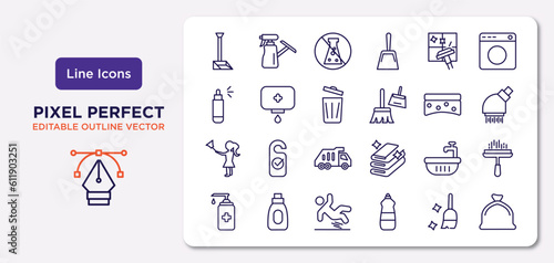 cleaning outline icons set. thin line icons such as dust pan, cleaning window, bin, housekeeping, water soak, slippery, sweeping, trash bag vector.