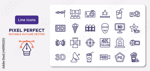 cinema outline icons set. thin line icons such as small carnival mask, drink with straw, theatre seats, movie award, cinema ticket window, papper cup with straw, parental guidance, popcorn box