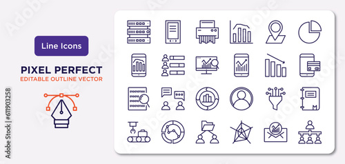 business and analytics outline icons set. thin line icons such as database interconnected, 3d location graph, database analysing, binary data search, funneling data, users interconnected, email