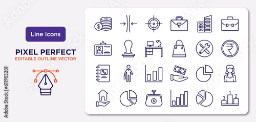 business outline icons set. thin line icons such as stacks of coins, corporation, work table, address book, pie graphic, coin purse, circular pie chart, ranking factor vector.