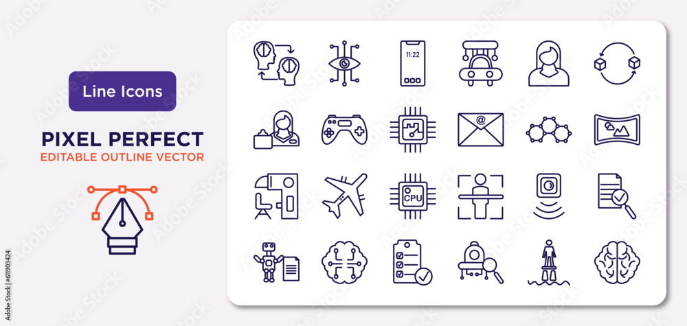 artificial intellegence outline icons set. thin line icons such as mind transfer, personal assistant, chip, sensorama, motion sensor, check list, flyboard, brain vector.