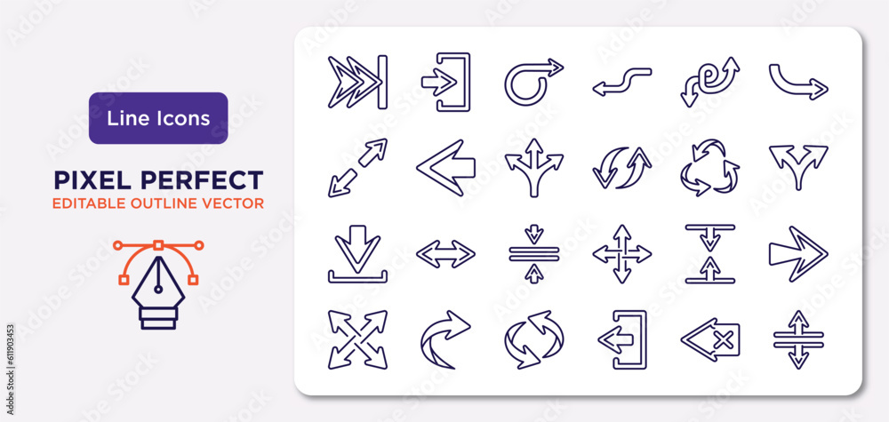 arrows outline icons set. thin line icons such as skip track, double arrow, multiply, download, vertical resize, undo arrow, backspace, split vertical vector.