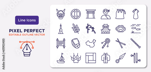asian outline icons set. thin line icons such as hannya, pouch, bamboo, scrolls, sticks, tatami, kunai, tonfa vector. © IconArt