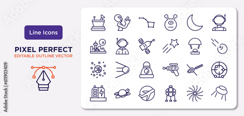 astronomy outline icons set. thin line icons such as moonwalker, big moon, inclined satellite, space junk, voyager, aerospace, milky way, big ufo vector.