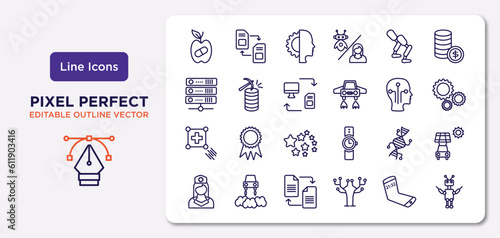 artificial intellegence outline icons set. thin line icons such as synthetic food, prosthesis, data transfer, match moving, genetic modification, file transfer, mobile flexible display, exoskeleton