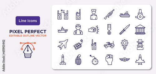 army and war outline icons set. thin line icons such as two way radio, militar ship, assault, airplane, strategy, time bomb with clock, air force, jet vector.