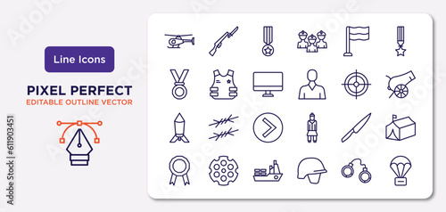 army and war outline icons set. thin line icons such as helicopter, patriot, computer, depth charge, knife, ship, pair of handcuffs, parachute vector.