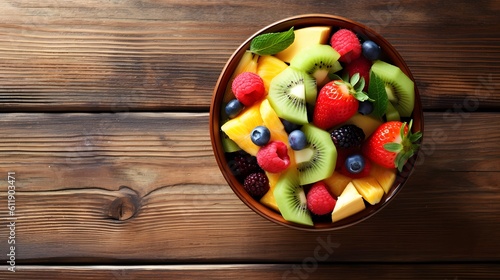 Bowl of fruit salad on wooden table, top view with copy space. Summer fresh bowl with colorful fruit salad. Healthy natural organic food.