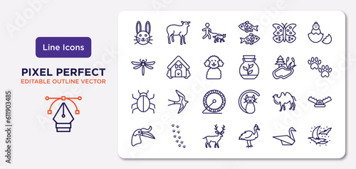 animals outline icons set. thin line icons such as cute bunny head, buttefly, poodle, app bug, camel facing left, deer, origami swan, moon and bats vector. © IconArt