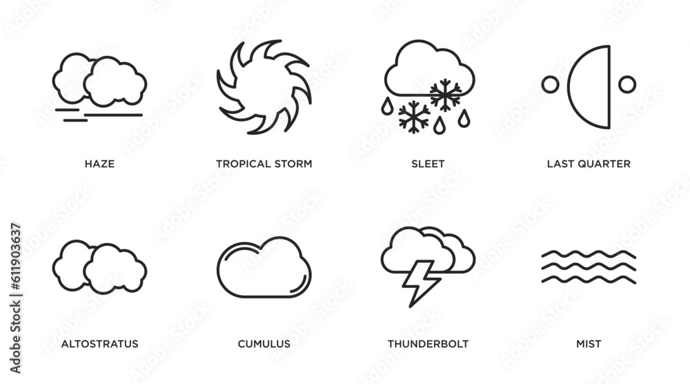 weather outline icons set. thin line icons such as haze, tropical storm, sleet, last quarter, altostratus, cumulus, thunderbolt, mist vector. weather outline icons set. thin line icons such as haze, tropical storm, sleet, last quarter, altostratus, cumulus, thunderbolt, mist vector.