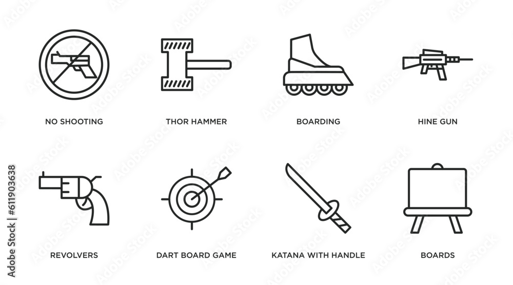 weapons outline icons set. thin line icons such as no shooting, thor hammer, boarding, hine gun, revolvers, dart board game, katana with handle, boards vector. weapons outline icons set. thin line icons such as no shooting, thor hammer, boarding, hine gun, revolvers, dart board game, katana with handle, boards vector.
