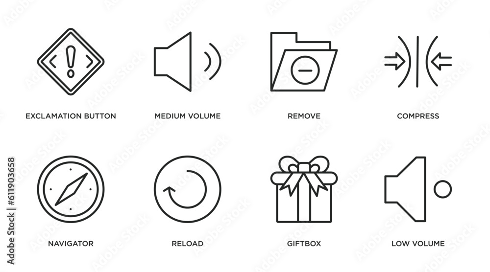 user interface outline icons set. thin line icons such as exclamation button, medium volume, remove, compress, navigator, reload, giftbox, low volume vector. user interface outline icons set. thin line icons such as exclamation button, medium volume, remove, compress, navigator, reload, giftbox, low volume vector.