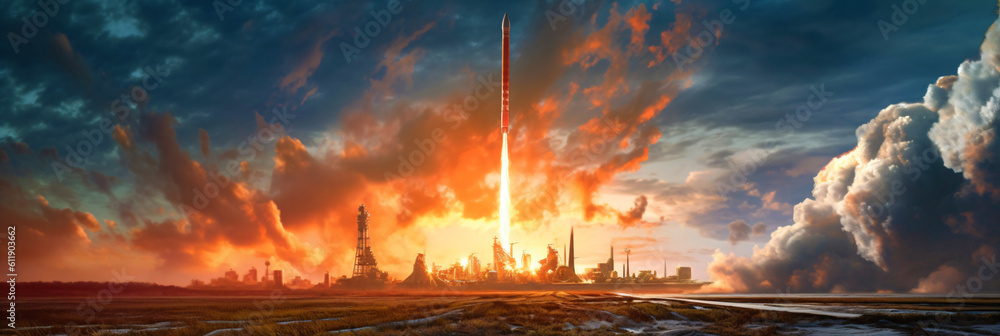 Spaceship takes off into the night sky on a mission. Rocket starts into space concept, generative ai Spaceship takes off into the night sky on a mission. Rocket starts into space concept, generative ai