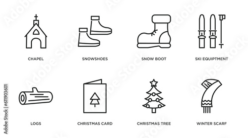 winter outline icons set. thin line icons such as chapel, snowshoes, snow boot, ski equiptment, logs, christmas card, christmas tree, winter scarf vector.
