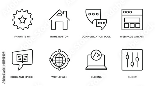 web outline icons set. thin line icons such as favorite up, home button, communication tool, web page variant, book and speech bubble, world web, closing, slider vector.