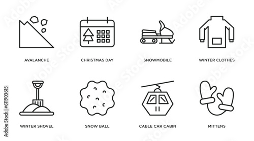 winter outline icons set. thin line icons such as avalanche, christmas day, snowmobile, winter clothes, winter shovel, snow ball, cable car cabin, mittens vector.