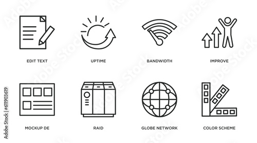web hosting outline icons set. thin line icons such as edit text, uptime, bandwidth, improve, mockup de, raid, globe network, color scheme vector.