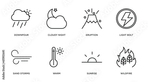 weather outline icons set. thin line icons such as downpour, cloudy night, eruption, light bolt, sand storms, warm, sunrise, wildfire vector.
