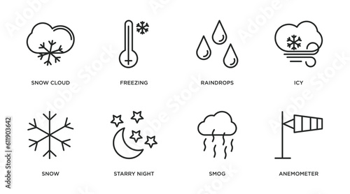 weather outline icons set. thin line icons such as snow cloud, freezing, raindrops, icy, snow, starry night, smog, anemometer vector.