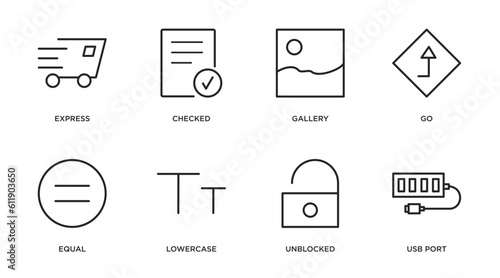 user interface outline icons set. thin line icons such as express, checked, gallery, go, equal, lowercase, unblocked, usb port vector.