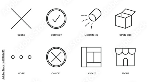 user interface outline icons set. thin line icons such as close, correct, lightining, open box, more, cancel, layout, store vector.