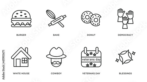 united states of america outline icons set. thin line icons such as burger, bake, donut, democracy, white house, cowboy, veterans day, blessings vector.