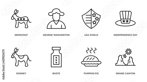 united states of america outline icons set. thin line icons such as democrat, george washington, usa shield, independence day, donkey, baste, pumpkin pie, grand canyon vector.