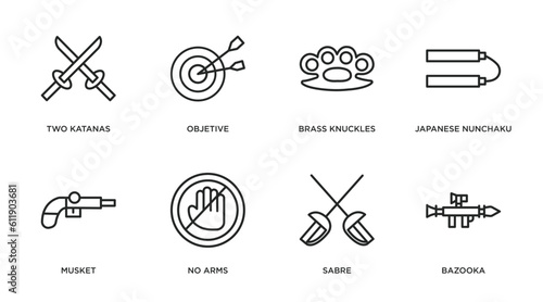 weapons outline icons set. thin line icons such as two katanas, objetive, brass knuckles, japanese nunchaku, musket, no arms, sabre, bazooka vector.
