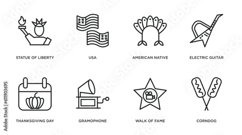 united states of america outline icons set. thin line icons such as statue of liberty, usa, american native, electric guitar, thanksgiving day, gramophone, walk of fame, corndog vector.