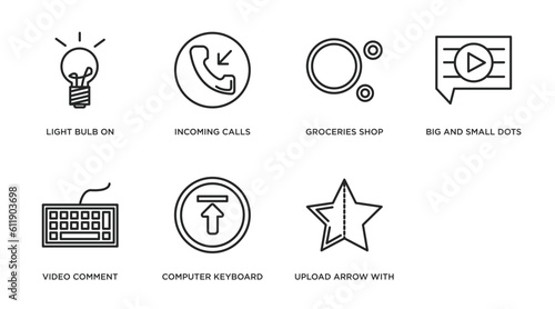 ultimate glyphicons outline icons set. thin line icons such as light bulb on, incoming calls, groceries shop, big and small dots, video comment, computer keyboard, upload arrow with bar, half star