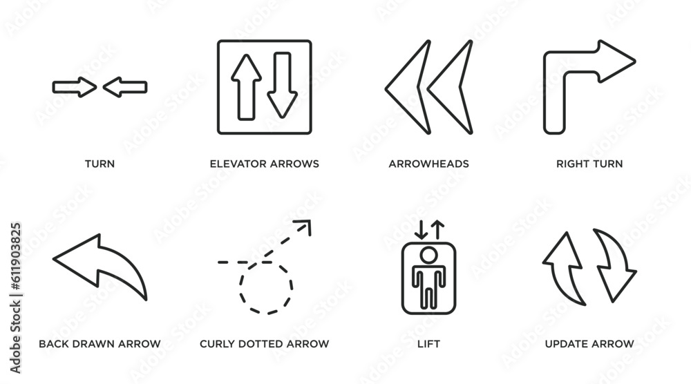user interface outline icons set. thin line icons such as turn, elevator arrows, arrowheads, right turn, back drawn arrow, curly dotted arrow, lift, update arrow vector. user interface outline icons set. thin line icons such as turn, elevator arrows, arrowheads, right turn, back drawn arrow, curly dotted arrow, lift, update arrow vector.