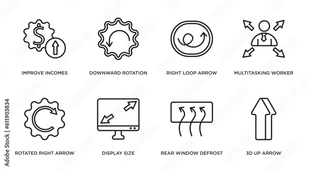 user interface outline icons set. thin line icons such as improve incomes, downward rotation, right loop arrow, multitasking worker, rotated right arrow, display size, rear window defrost, 3d up user interface outline icons set. thin line icons such as improve incomes, downward rotation, right loop arrow, multitasking worker, rotated right arrow, display size, rear window defrost, 3d up