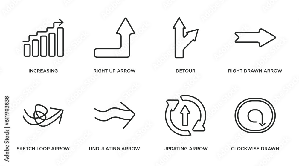 user interface outline icons set. thin line icons such as increasing, right up arrow, detour, right drawn arrow, sketch loop arrow, undulating updating clockwise drawn vector. user interface outline icons set. thin line icons such as increasing, right up arrow, detour, right drawn arrow, sketch loop arrow, undulating updating clockwise drawn vector.