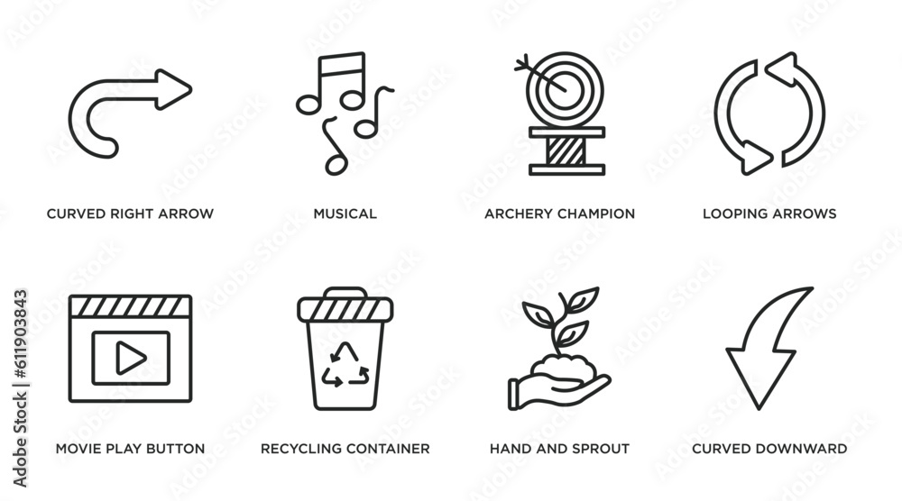 user interface outline icons set. thin line icons such as curved right arrow, musical, archery champion, looping arrows, movie play button, recycling container, hand and sprout, curved downward user interface outline icons set. thin line icons such as curved right arrow, musical, archery champion, looping arrows, movie play button, recycling container, hand and sprout, curved downward