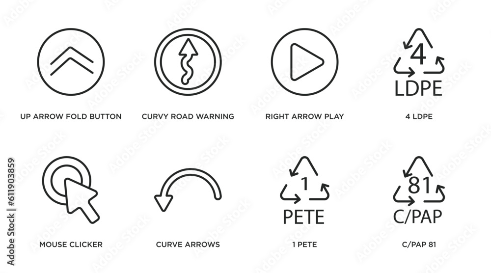 user interface outline icons set. thin line icons such as up arrow fold button, curvy road warning, right arrow play button, 4 ldpe, mouse clicker, curve arrows, 1 pete, c/pap 81 vector. user interface outline icons set. thin line icons such as up arrow fold button, curvy road warning, right arrow play button, 4 ldpe, mouse clicker, curve arrows, 1 pete, c/pap 81 vector.