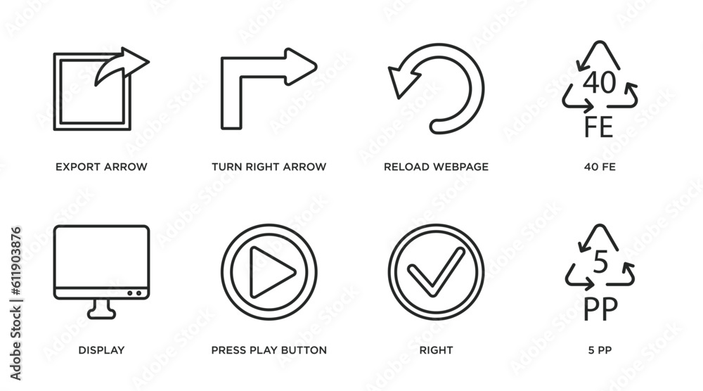 user interface outline icons set. thin line icons such as export arrow, turn right arrow, reload webpage, 40 fe, display, press play button, right, 5 pp vector.