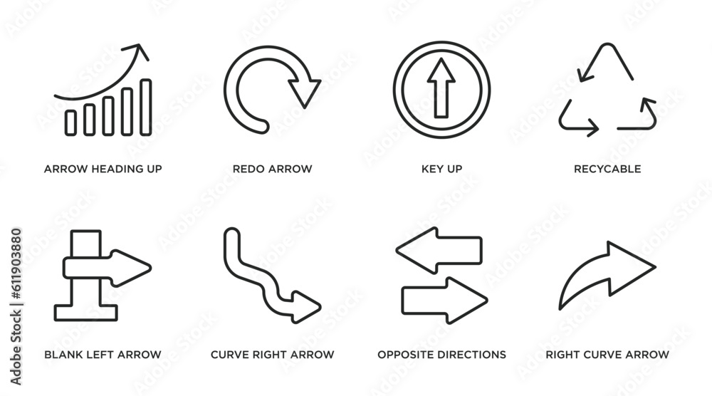 user interface outline icons set. thin line icons such as arrow heading up, redo arrow, key up, recycable, blank left arrow, curve right opposite directions, right curve vector. user interface outline icons set. thin line icons such as arrow heading up, redo arrow, key up, recycable, blank left arrow, curve right opposite directions, right curve vector.
