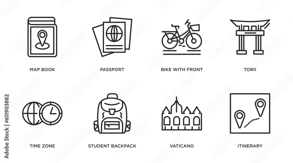 travel outline icons set. thin line icons such as map book, passport, bike with front basket, torii, time zone, student backpack, vaticano, itinerary vector.
